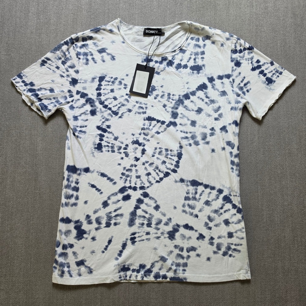 Sonice T-Shirt Men M White Blue Tie Dye Short Sleeve Crew Neck Made in Italy